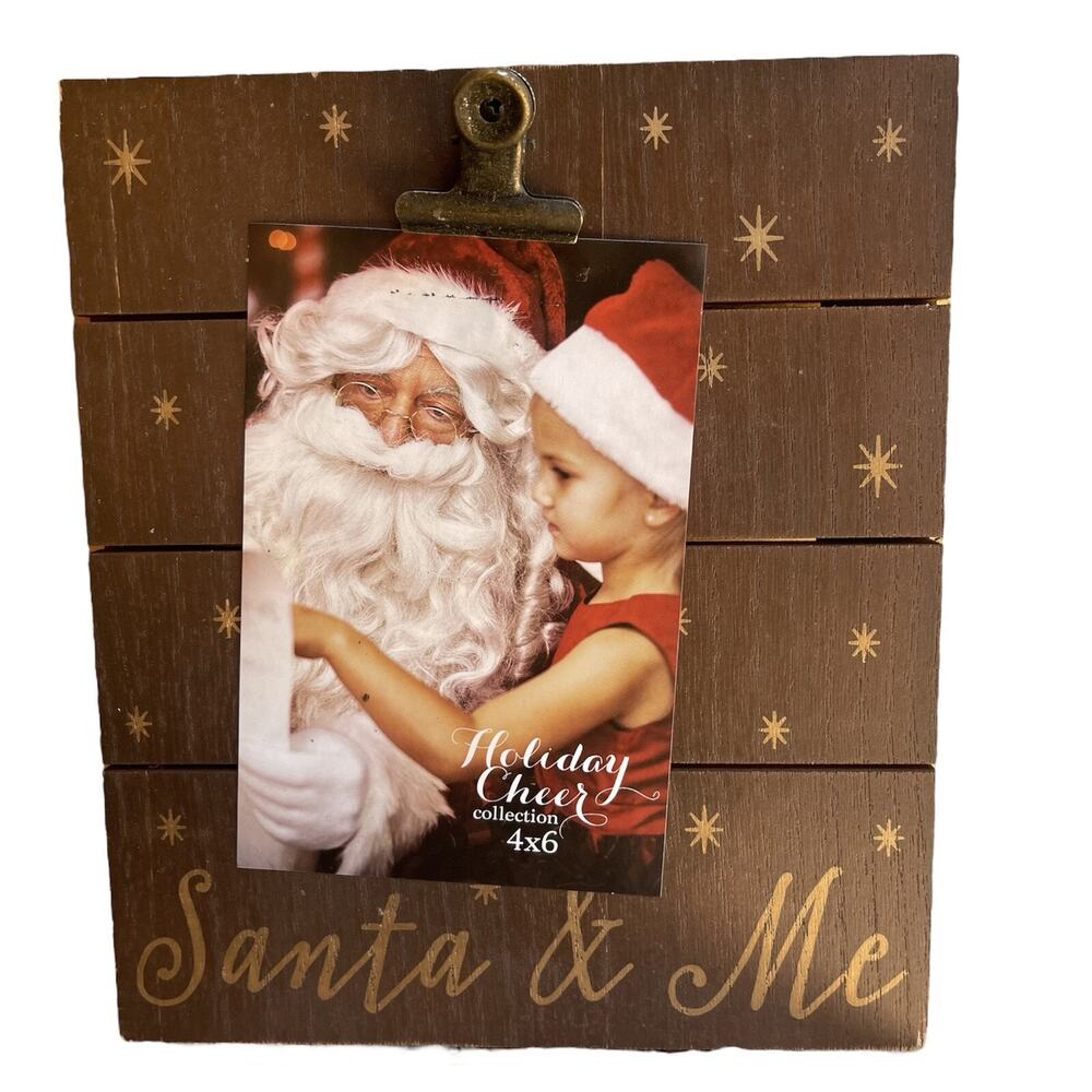 Holiday Cheer Santa & Me Clip Board Photo Display Brown Wood 4x6 Photo Holder